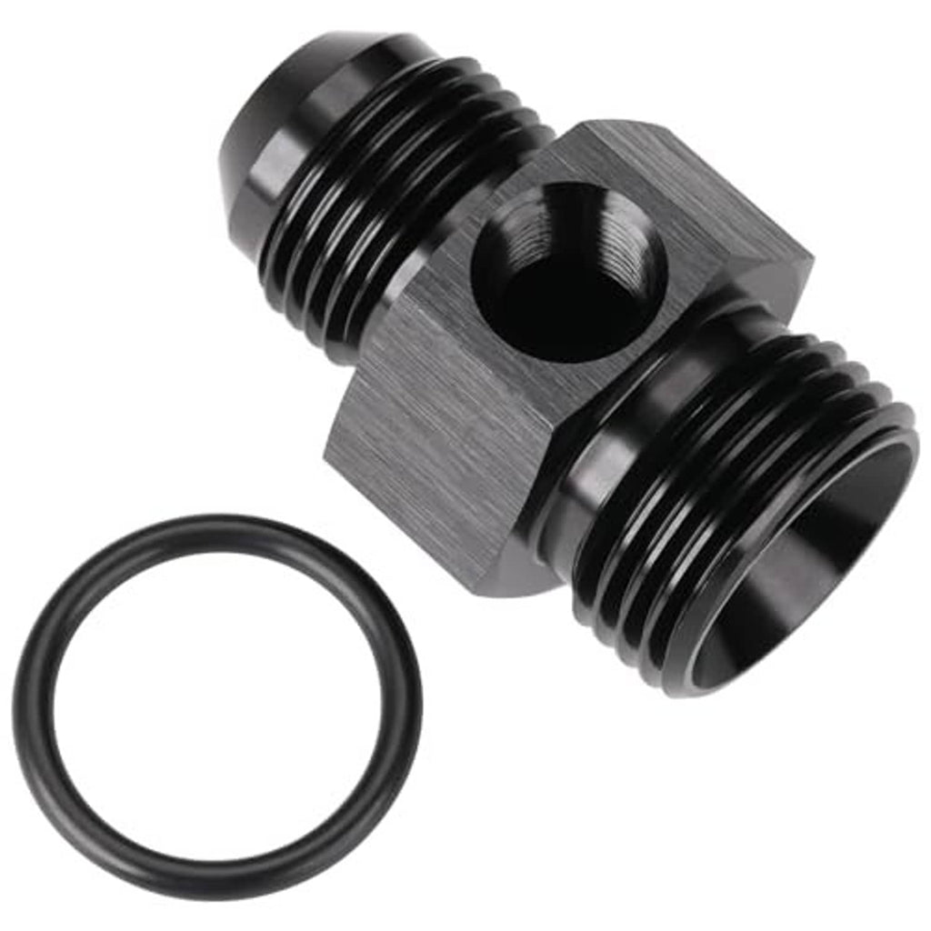 Black metal adapter fitting with rubber O-ring and dual threaded ports