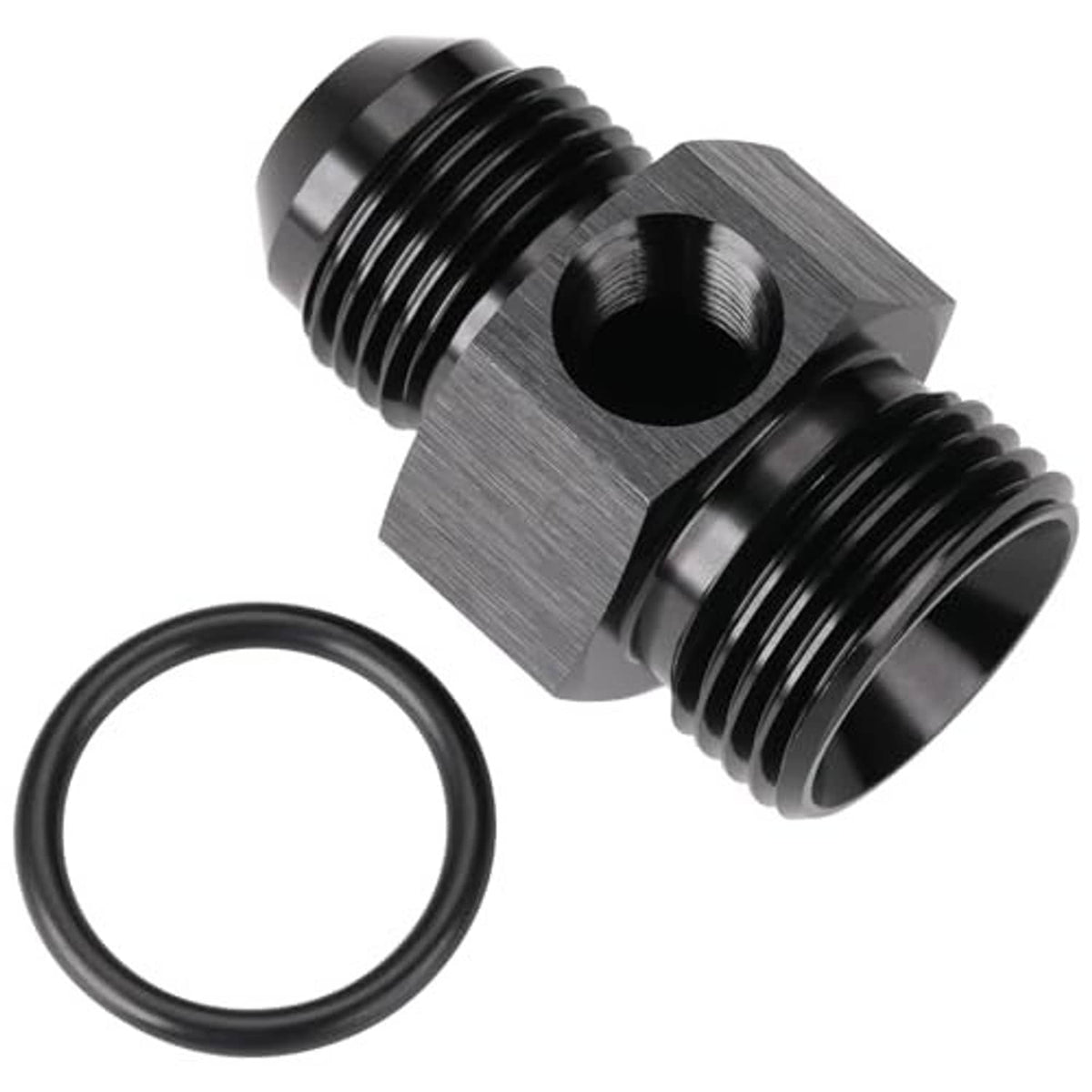 Black metal adapter fitting with rubber O-ring and dual threaded ports