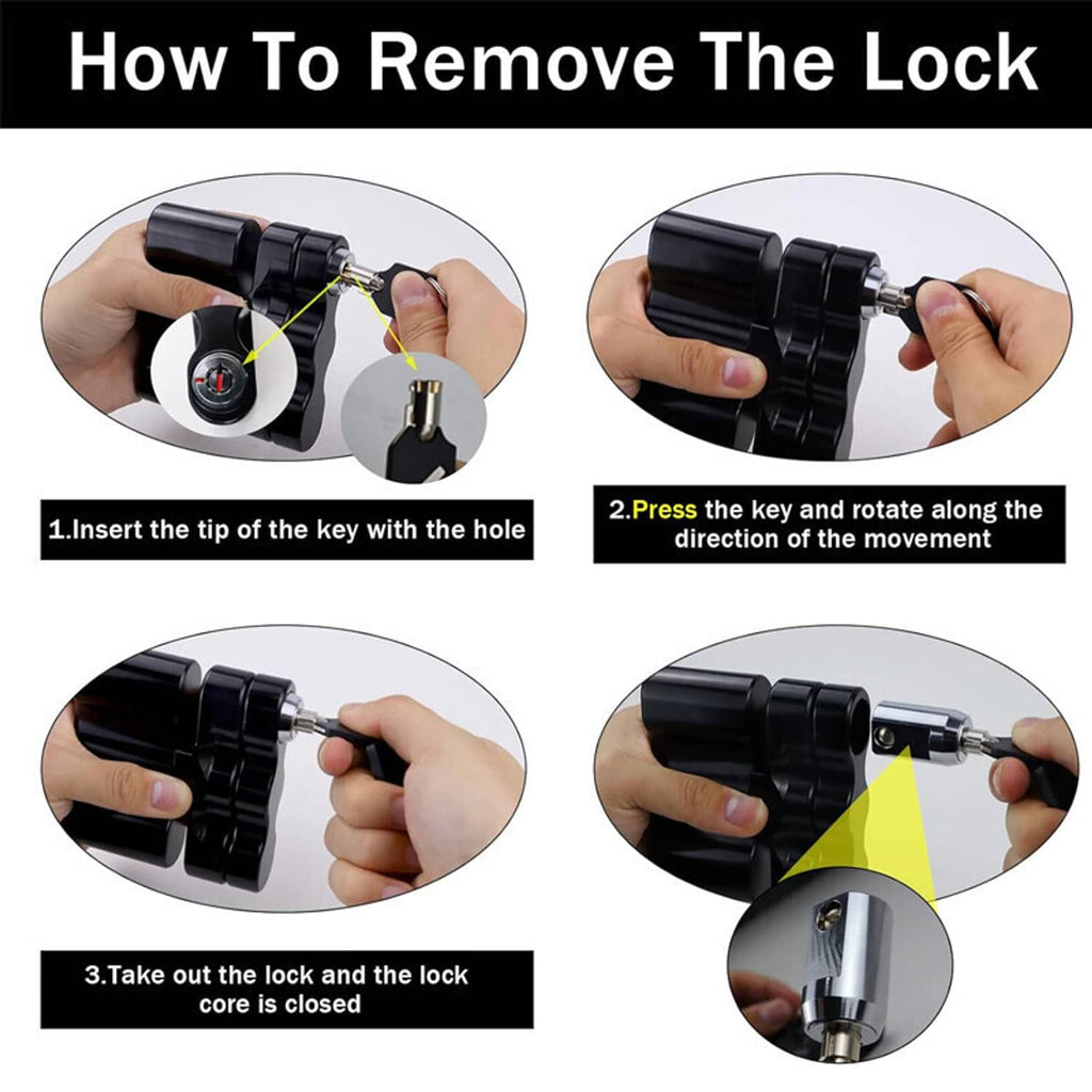 Black pack-mount lock with key shown during lock removal steps