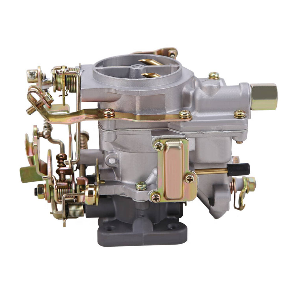 Front 3/4 view carburetor with top circular opening, linkage hardware, and silver casing