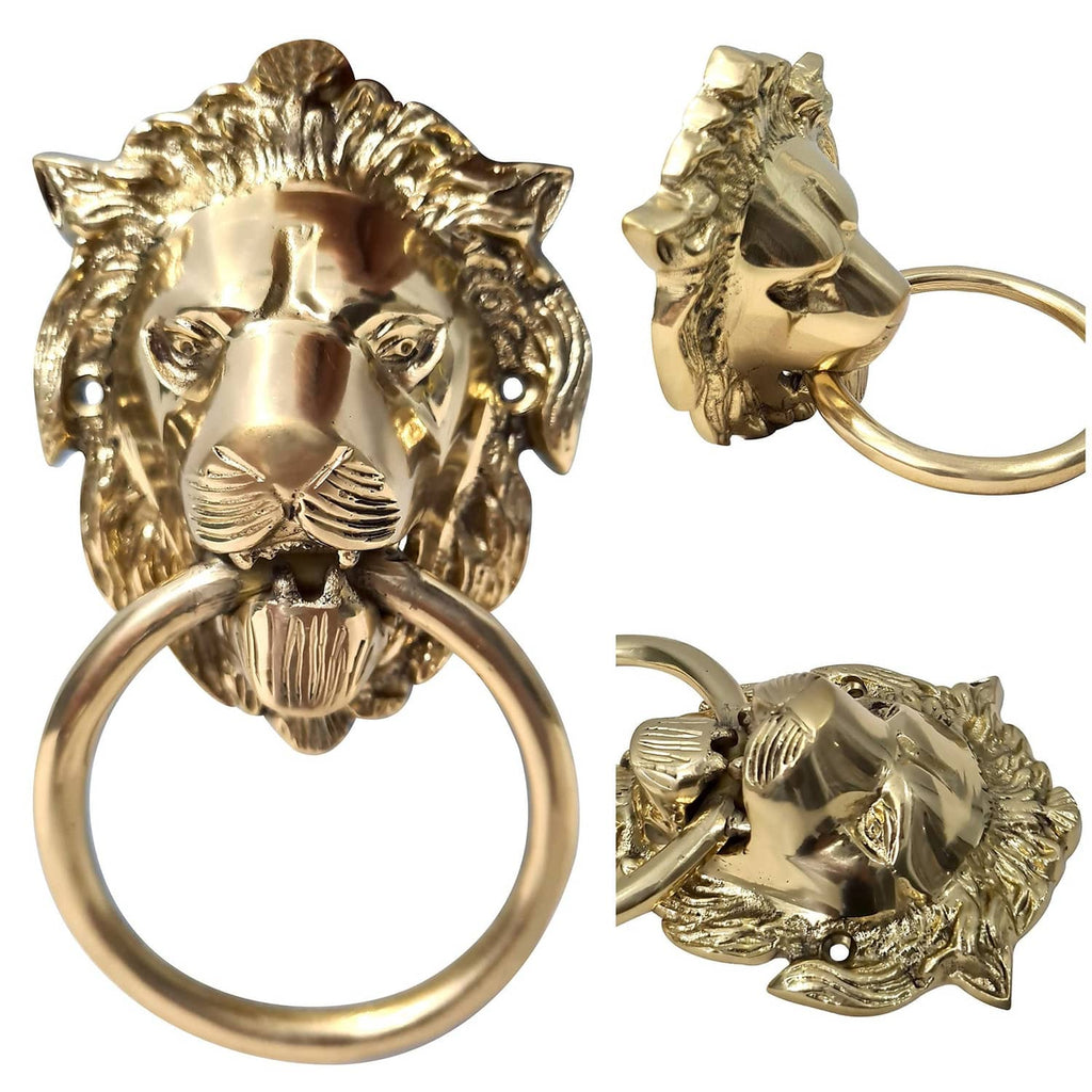 Gold-tone lion door knocker set showing lion-head mount with circular ring handle