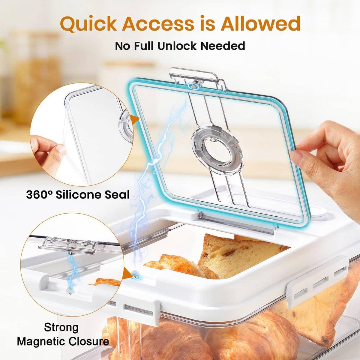 Airtight bread container with clear lid and round lock knob