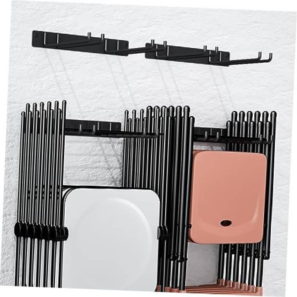 Wall-mounted folding chair storage rack with black steel hooks and vertical rods