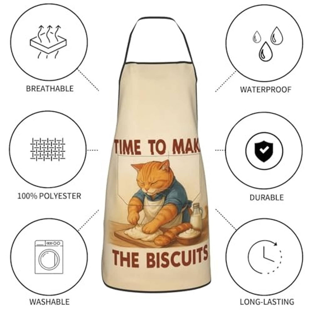 Beige chef bib apron with cat baking graphic; includes front neck and waist ties