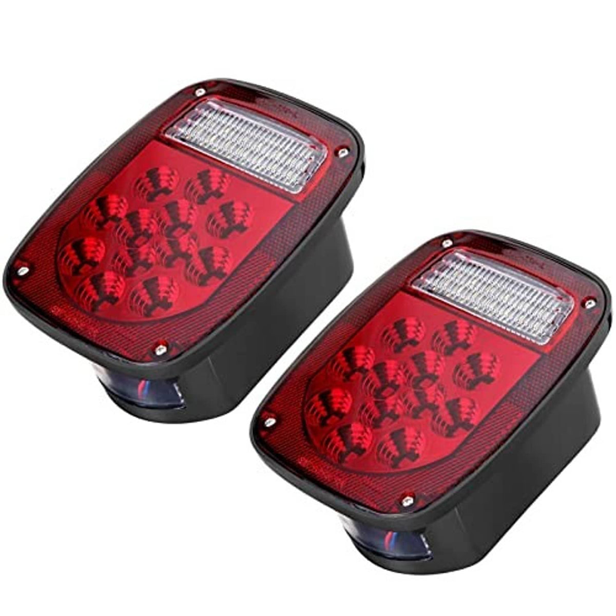 Red-and-white LED trailer tail lights with black housing, two-piece set