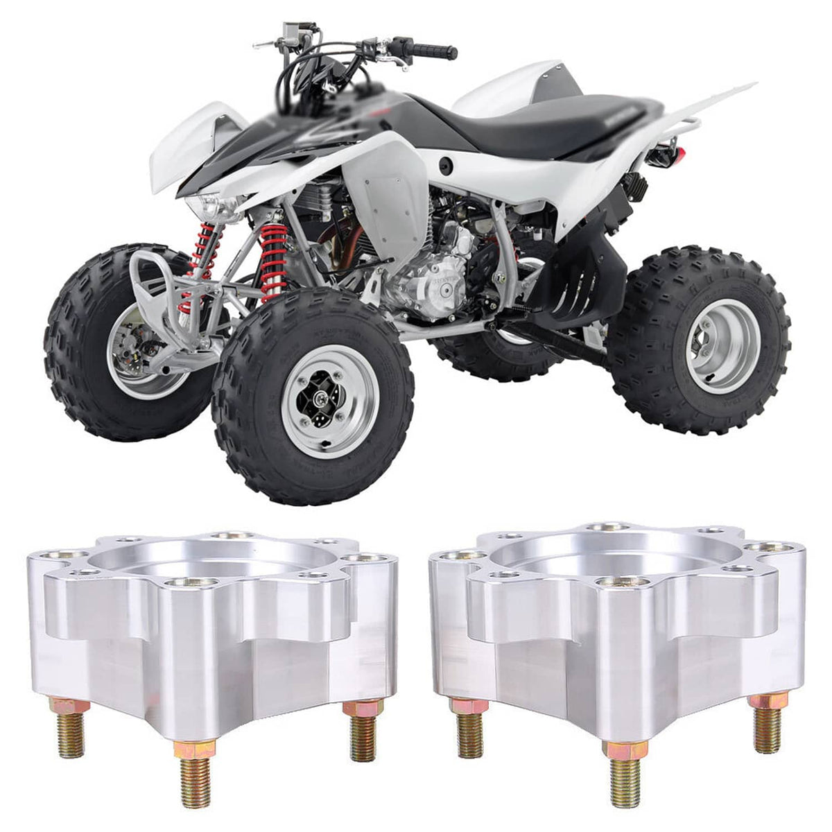 Rear wheel spacer pair, silver aluminum blocks with threaded mounting studs