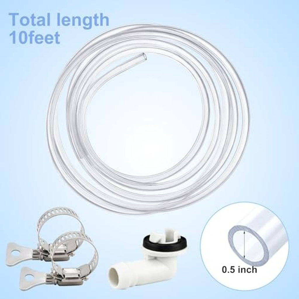 Air conditioner drain hose kit with clear coil tubing, white PVC outlet, and metal clamp