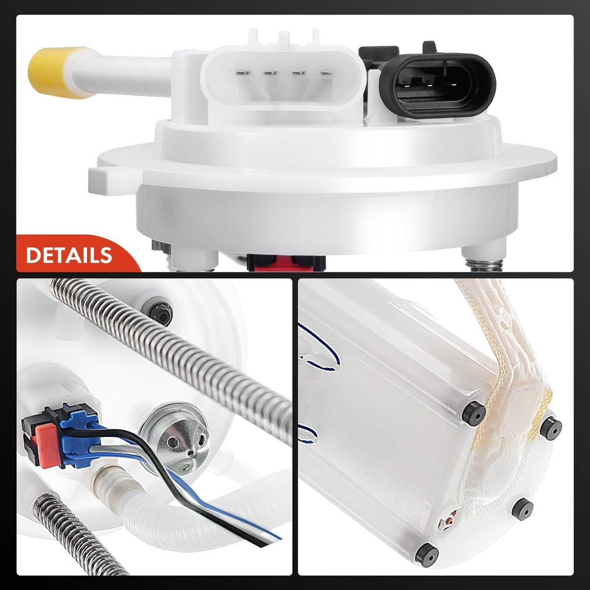 White electric fuel pump module assembly with inlet tube and electrical connector