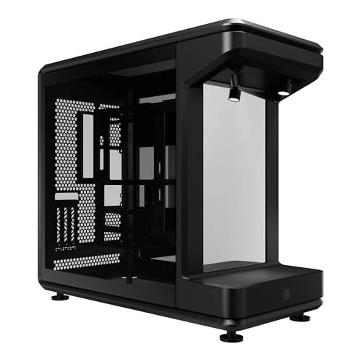 Black ATX mid-tower PC case with front mirrored showcase window and side ventilation