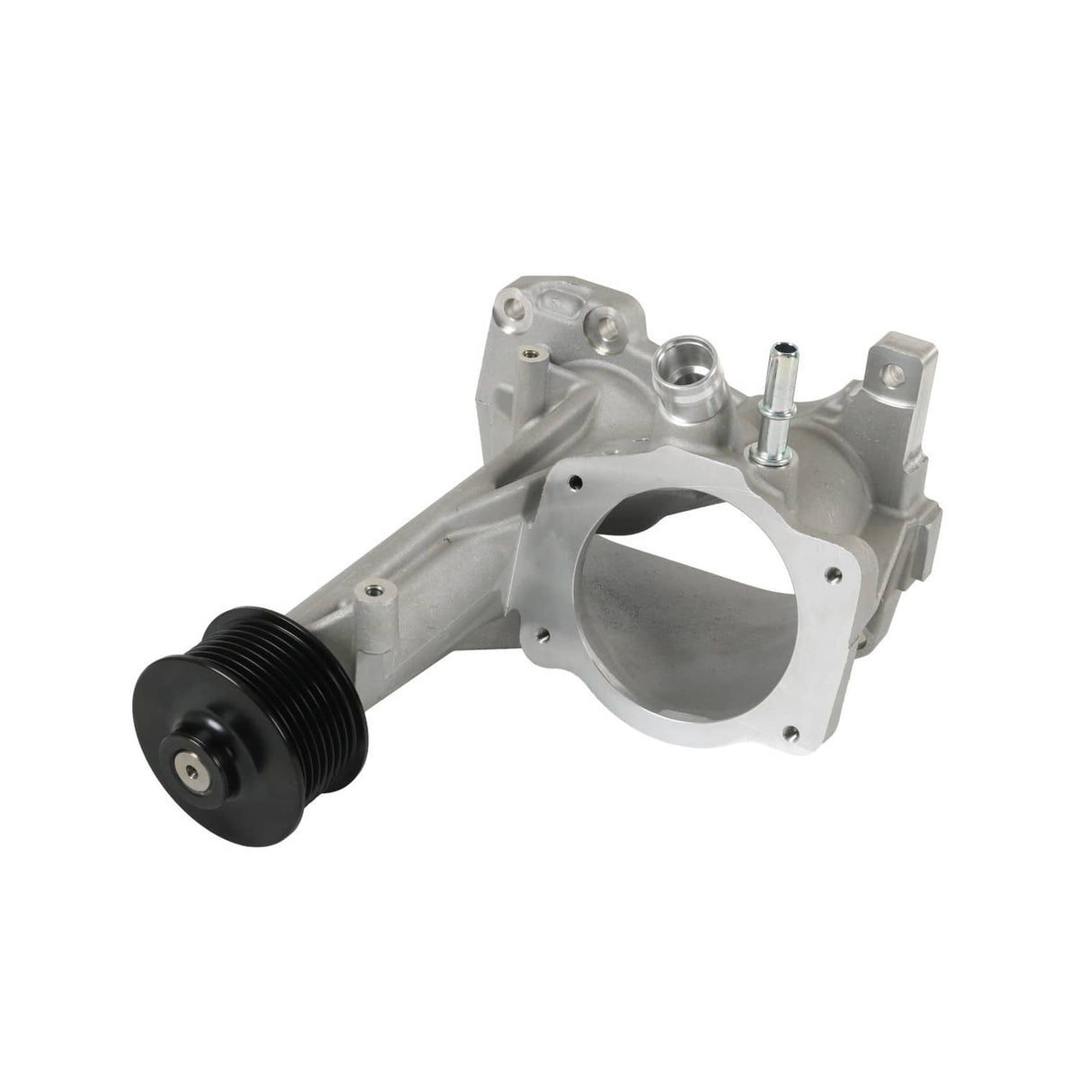 Supercharger snout rebuild kit—metal housing with black pulley and mounting bolts