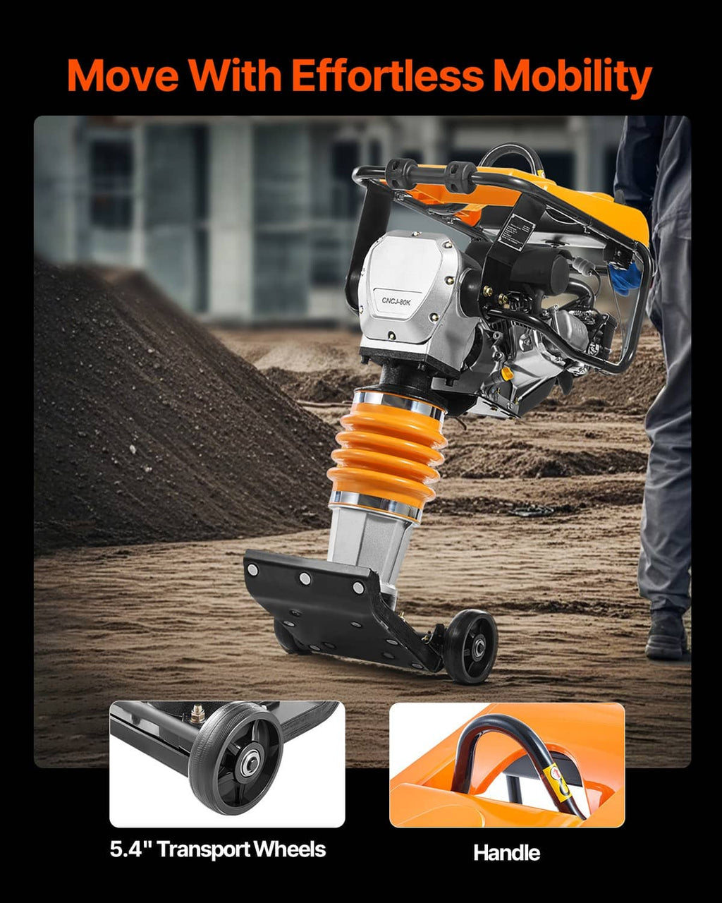 Orange vibratory rammer tamper with handle and 2 transport wheels