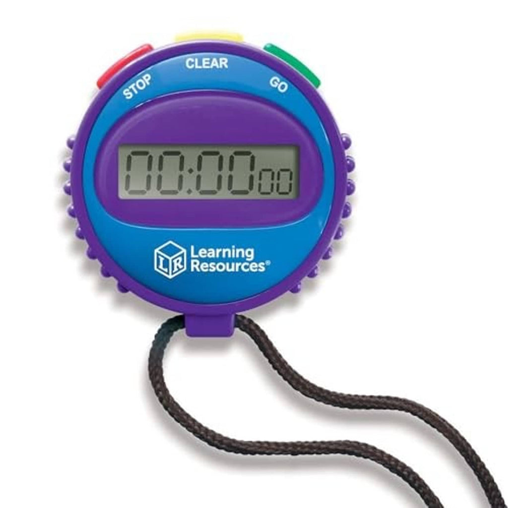 Purple and blue LCD stopwatch with three buttons and lanyard cord