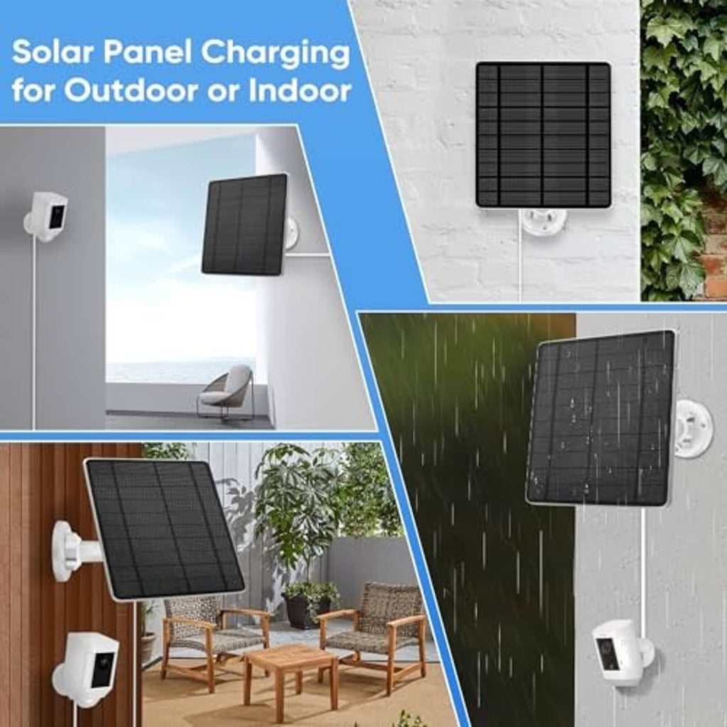 Black solar panel kit with white wall mount, cable, and charging accessories