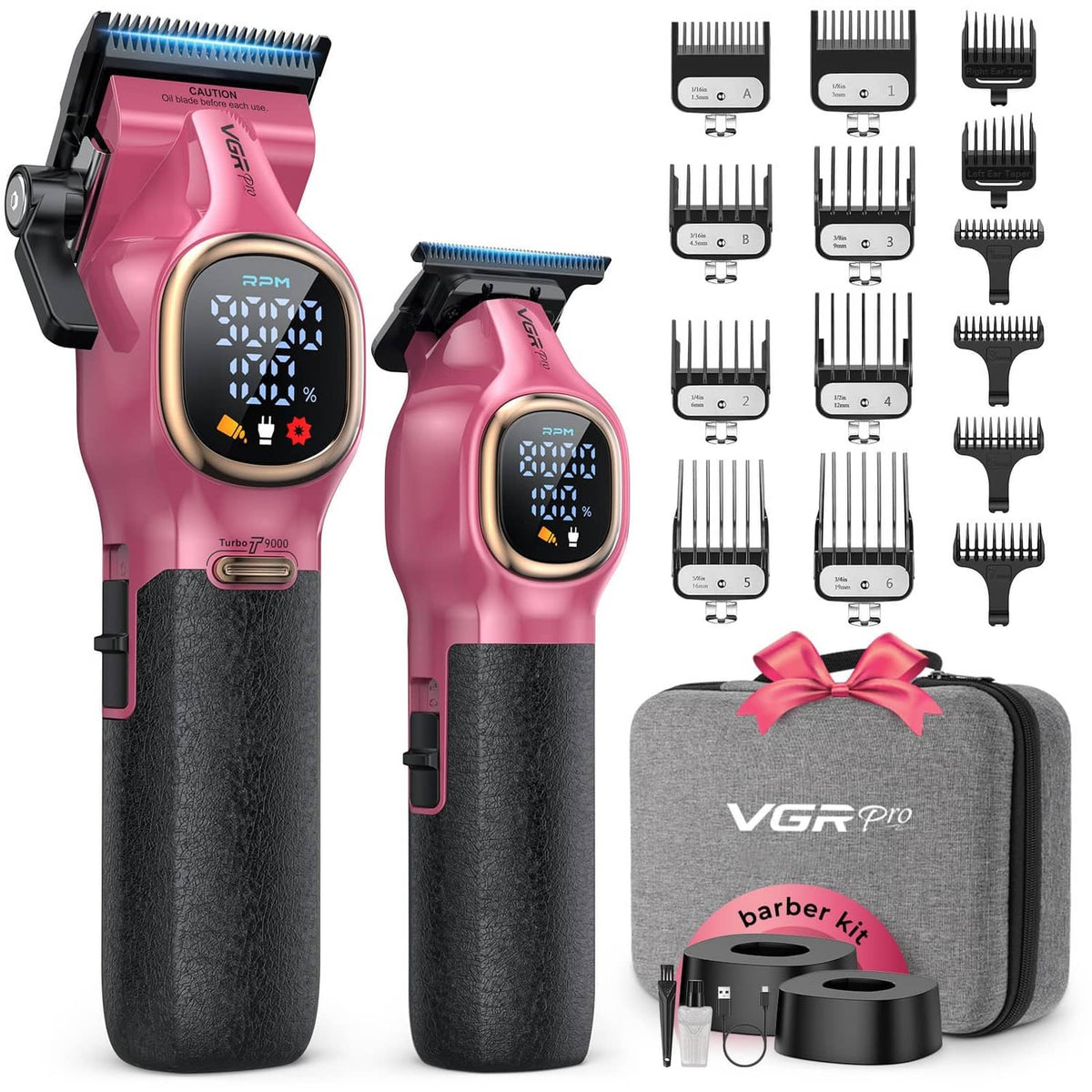 Pink cordless hair clipper set with two displays and black textured grip handles