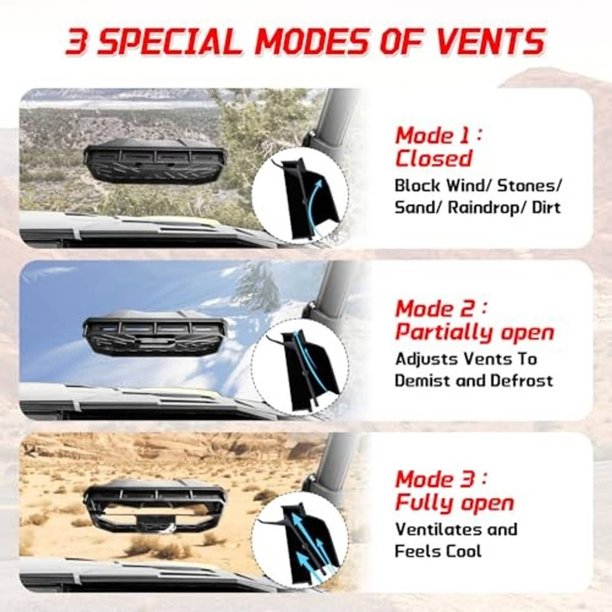 Vented full windshield with three adjustable vent modes on top panel