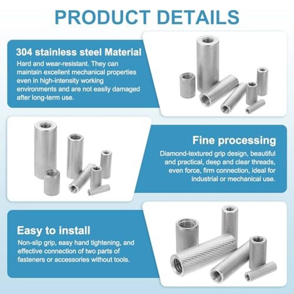 Small round knurled connector nuts and cylindrical sleeves, silver, threaded bores