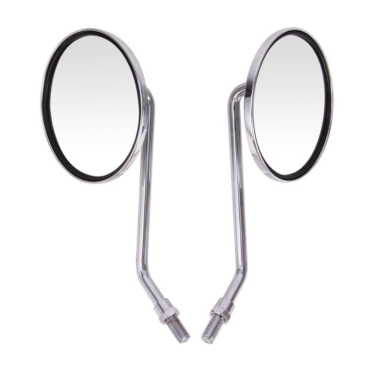 Pair of motorcycle rearview mirrors, chrome frame with oval stem and round glass heads