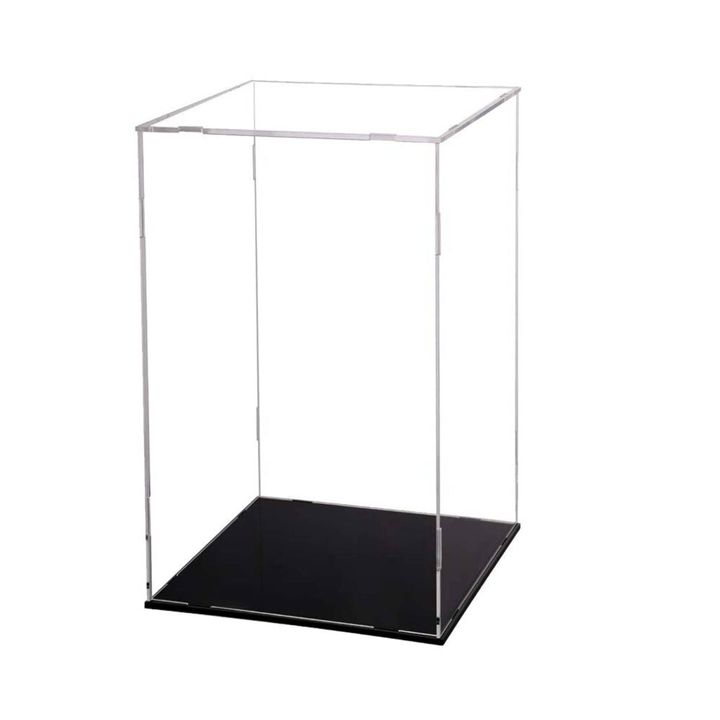 Clear acrylic display case with black base, open front, for small collectibles