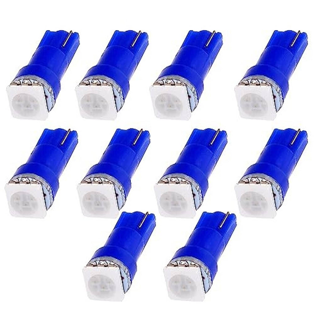 Pack of 10 blue T5 wedge LED dashboard bulbs, white lens with metal contacts