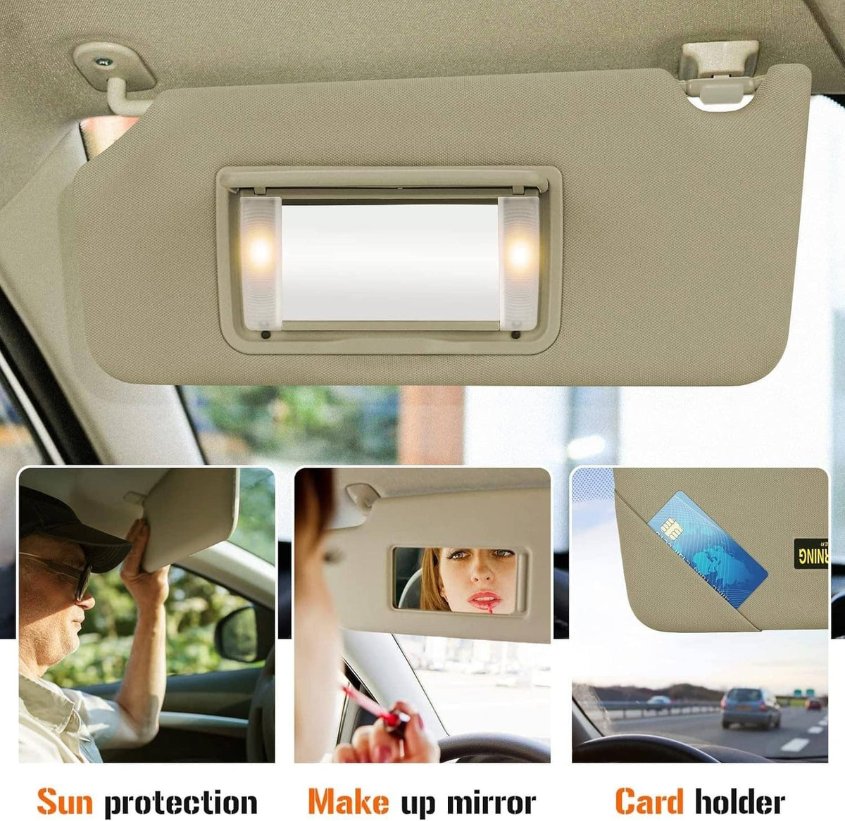 Tan overhead sun visor with built-in mirror and illuminated LED light panel