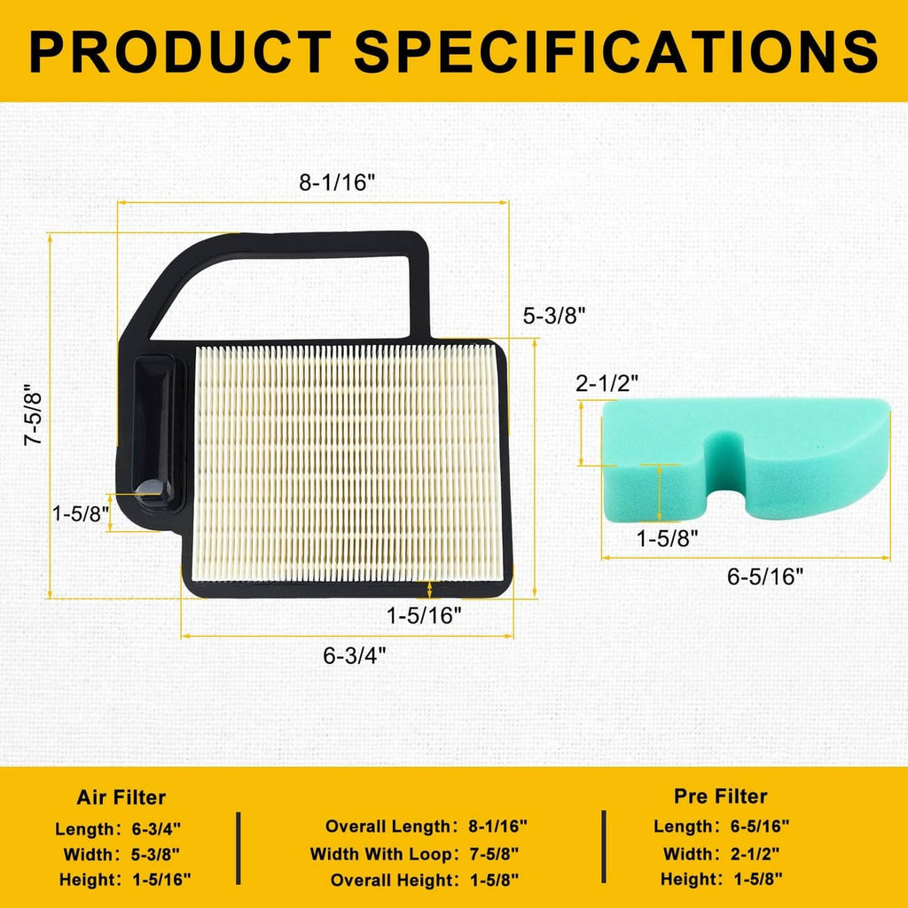 Air filter and green foam pre-filter with product size measurements diagram