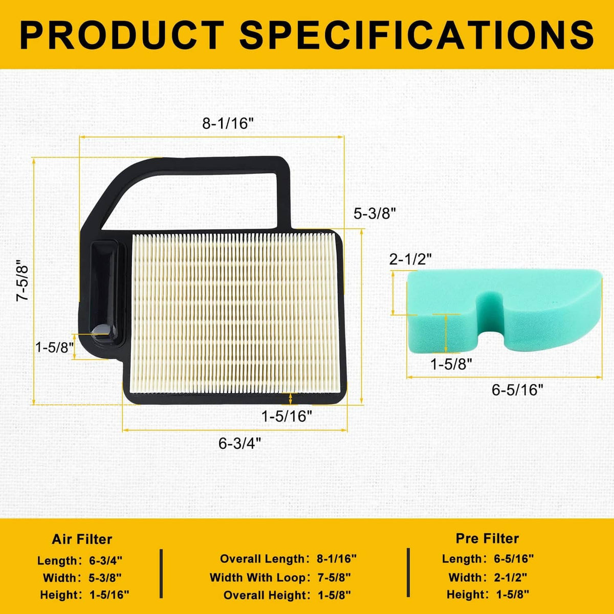 Air filter and green foam pre-filter with product size measurements diagram