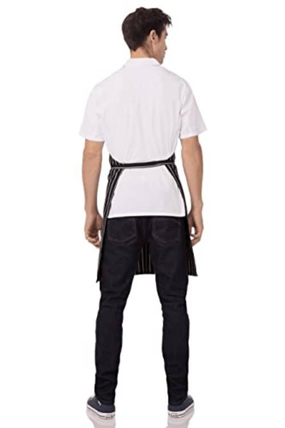 Unisex black chef apron back with white stripe trim and adjustable neck strap