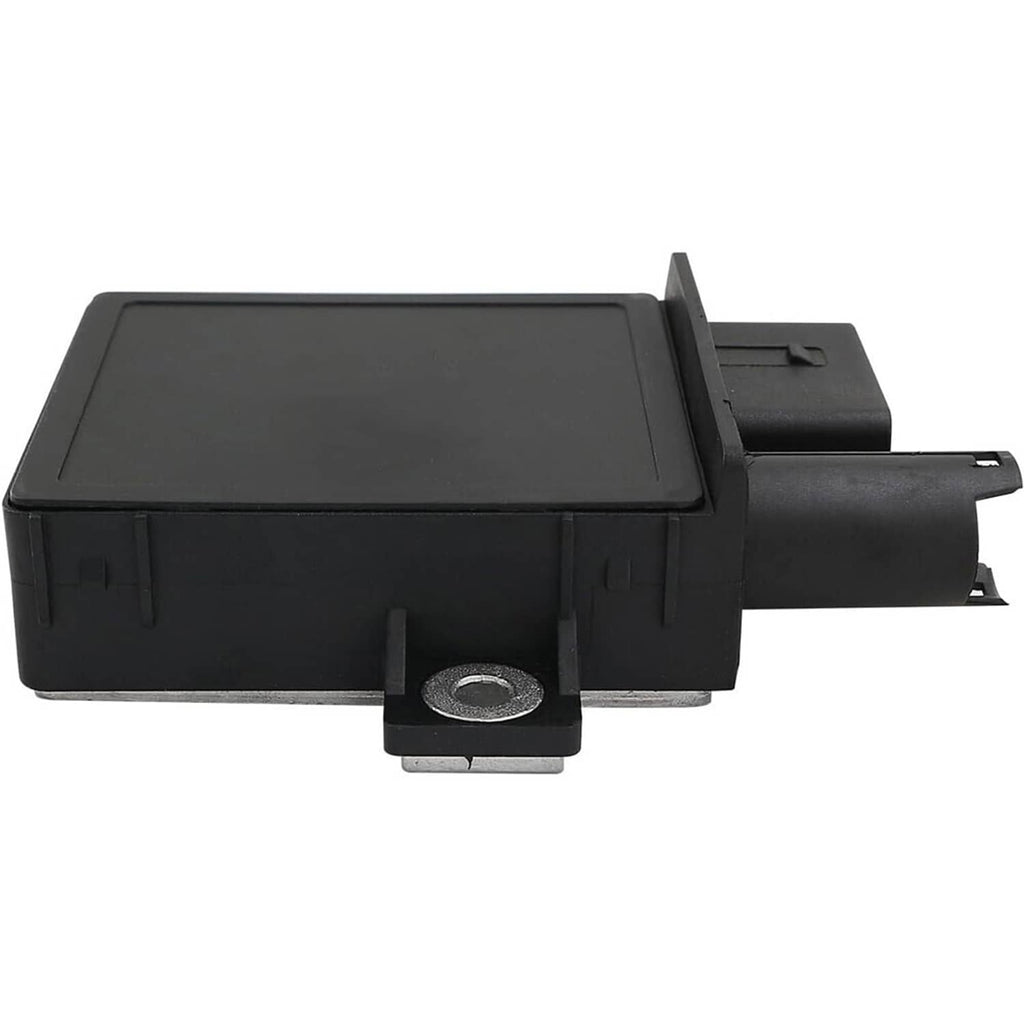 Glow plug control module with rectangular black housing and connector port