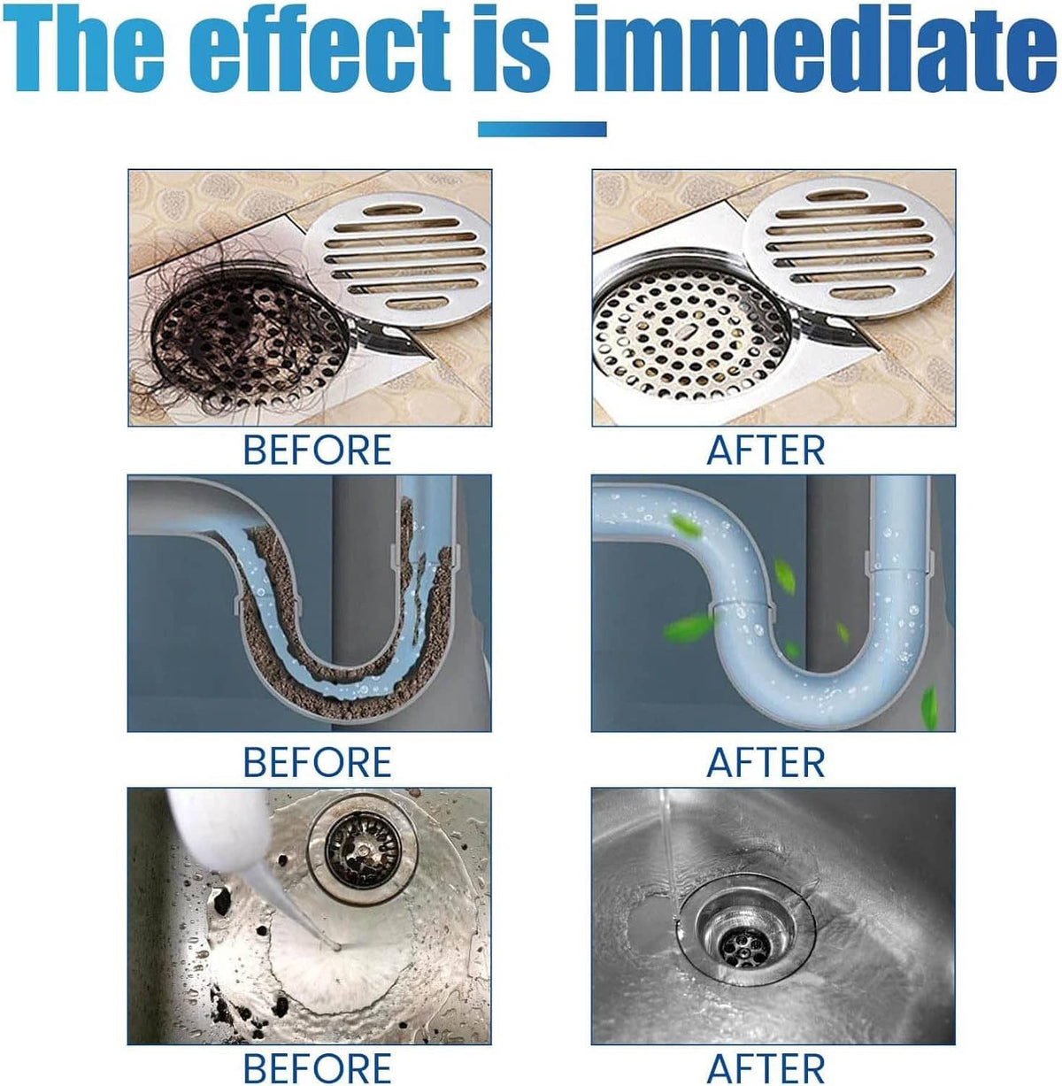 Before-and-after drain cleaning results showing cleared pipe after treatment