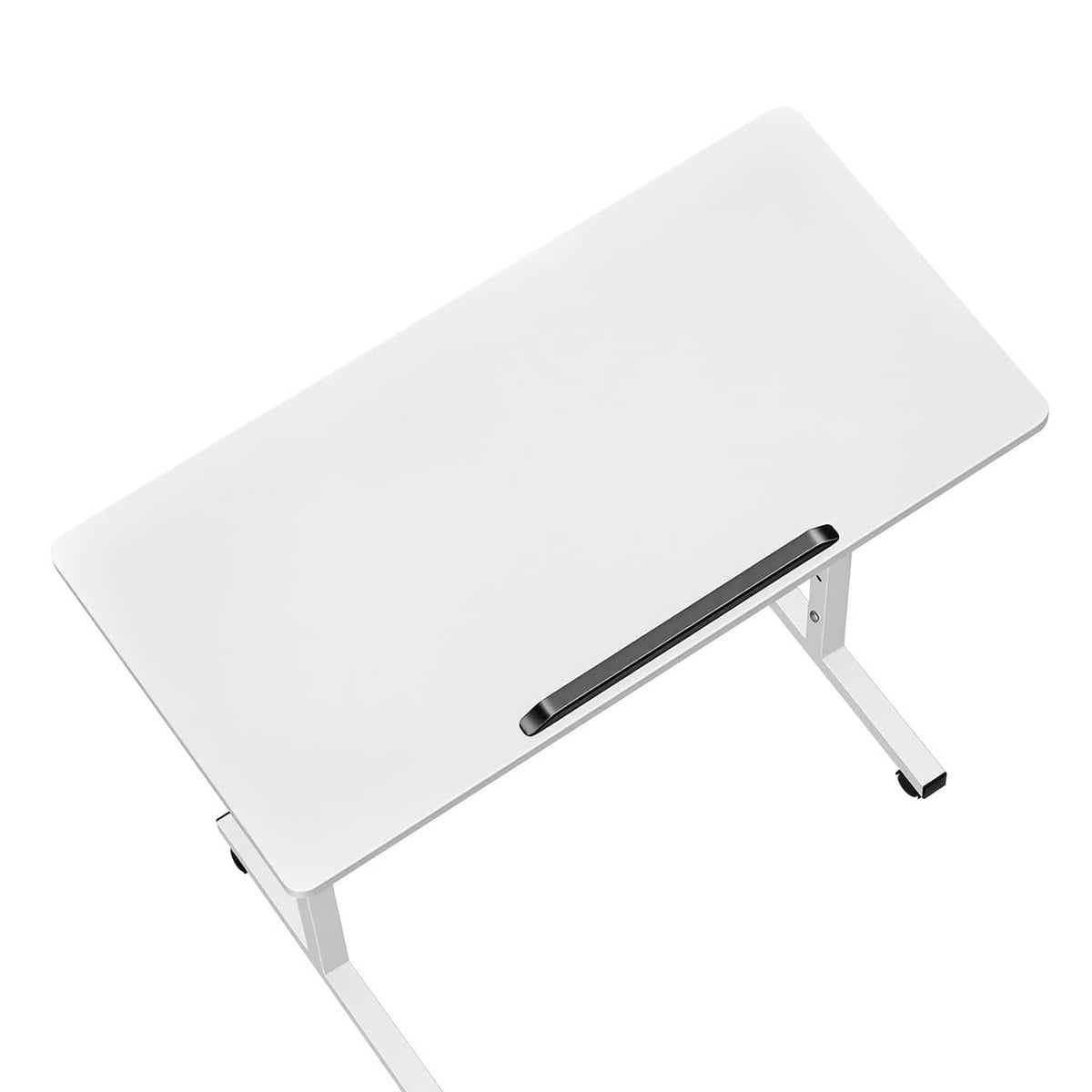 Tilting desktop on a mobile standing desk, white frame with support bar