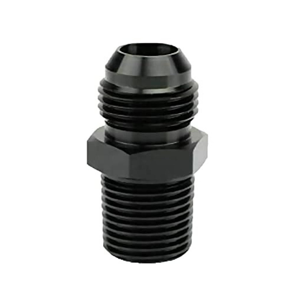 Black aluminum male flare-to-NPT adapter with knurled threads and hex nut section