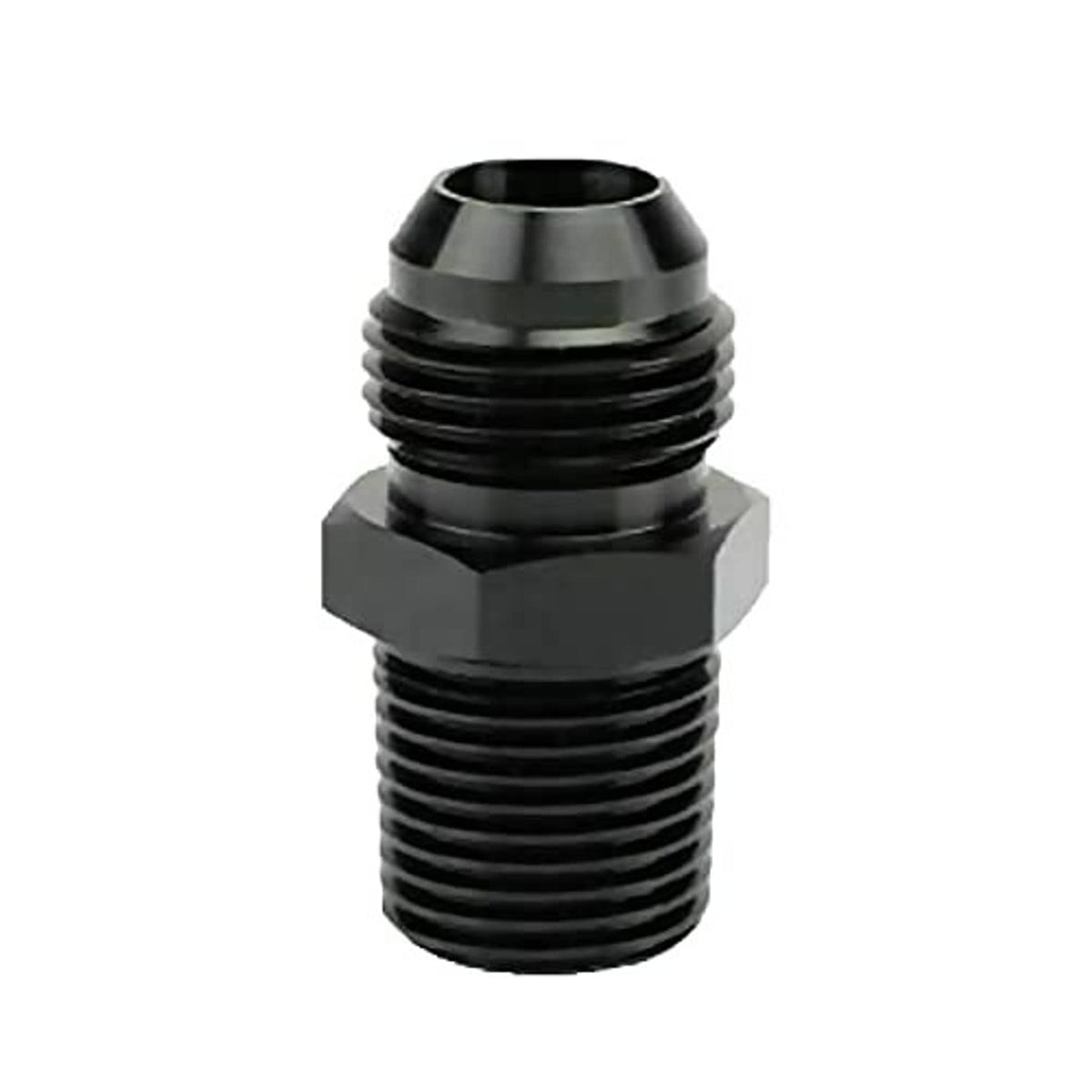 Black aluminum male flare-to-NPT adapter with knurled threads and hex nut section