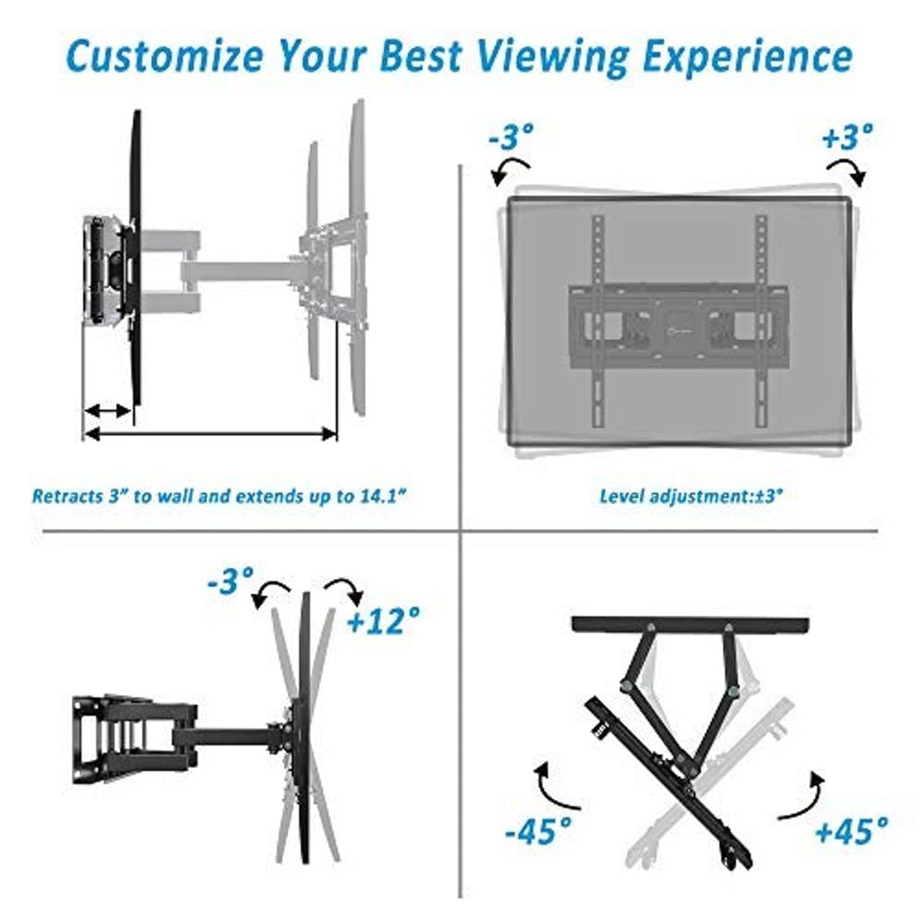 TV wall mount bracket adjustment diagram with pull-out distance and tilt directions