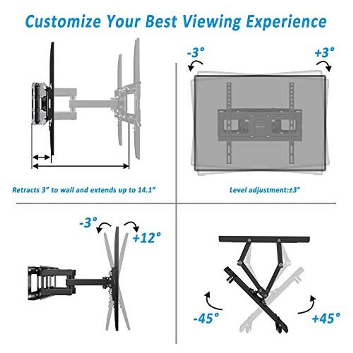 TV wall mount bracket adjustment diagram with pull-out distance and tilt directions