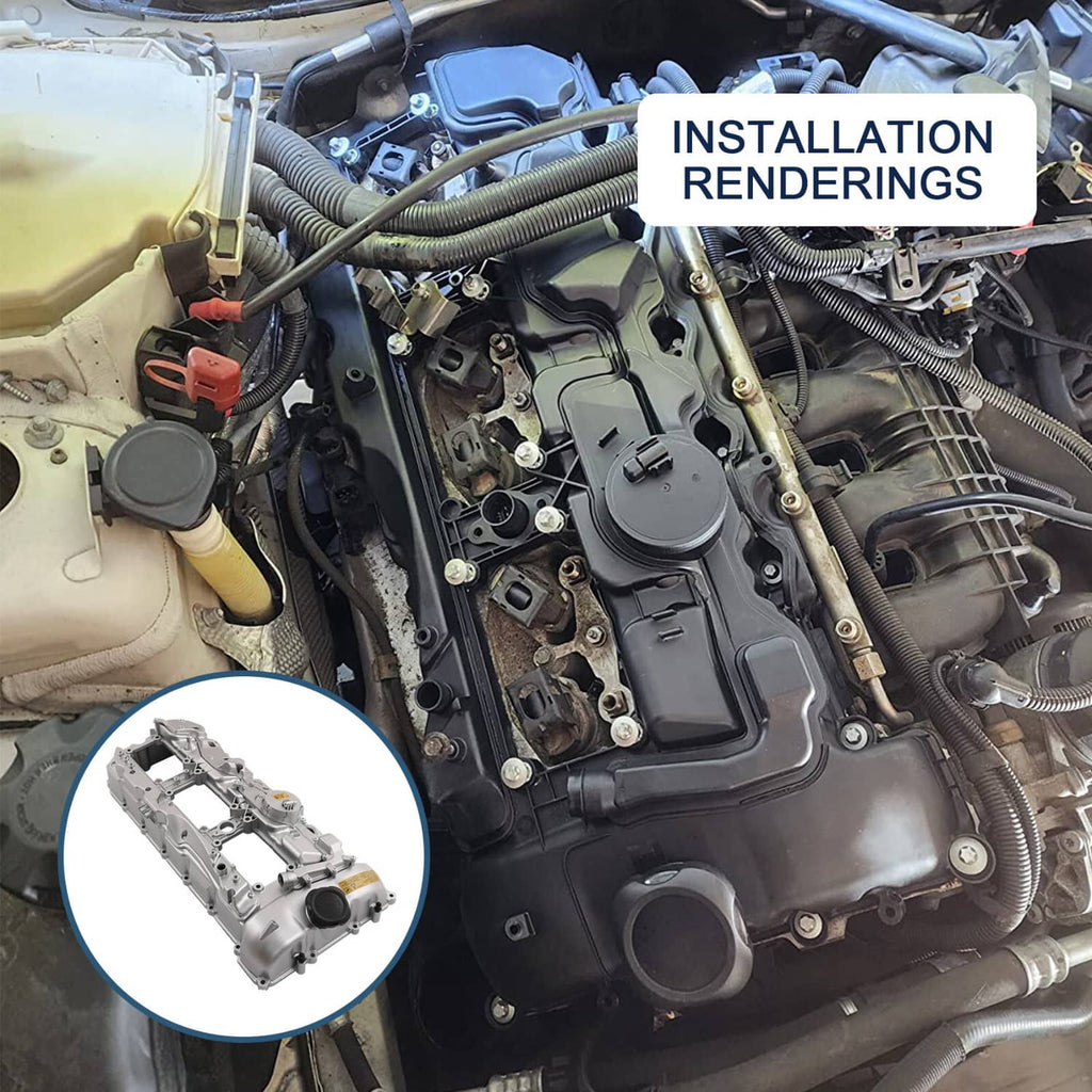 Aluminum valve cover shown in inset during vehicle installation process