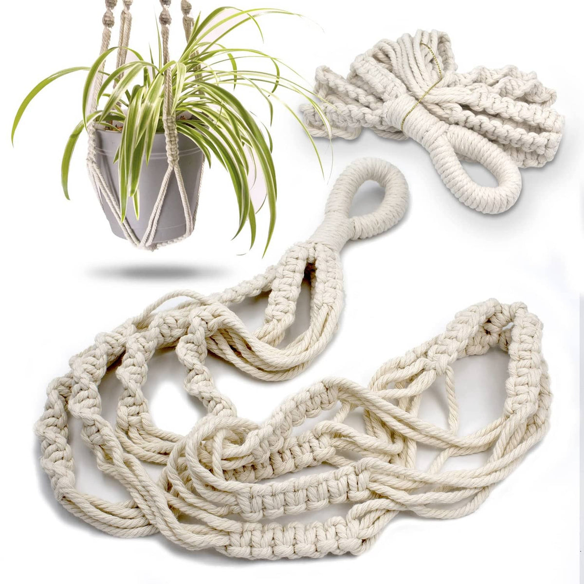Off-white macrame plant hanger with short rope, woven basket and rope loop ends