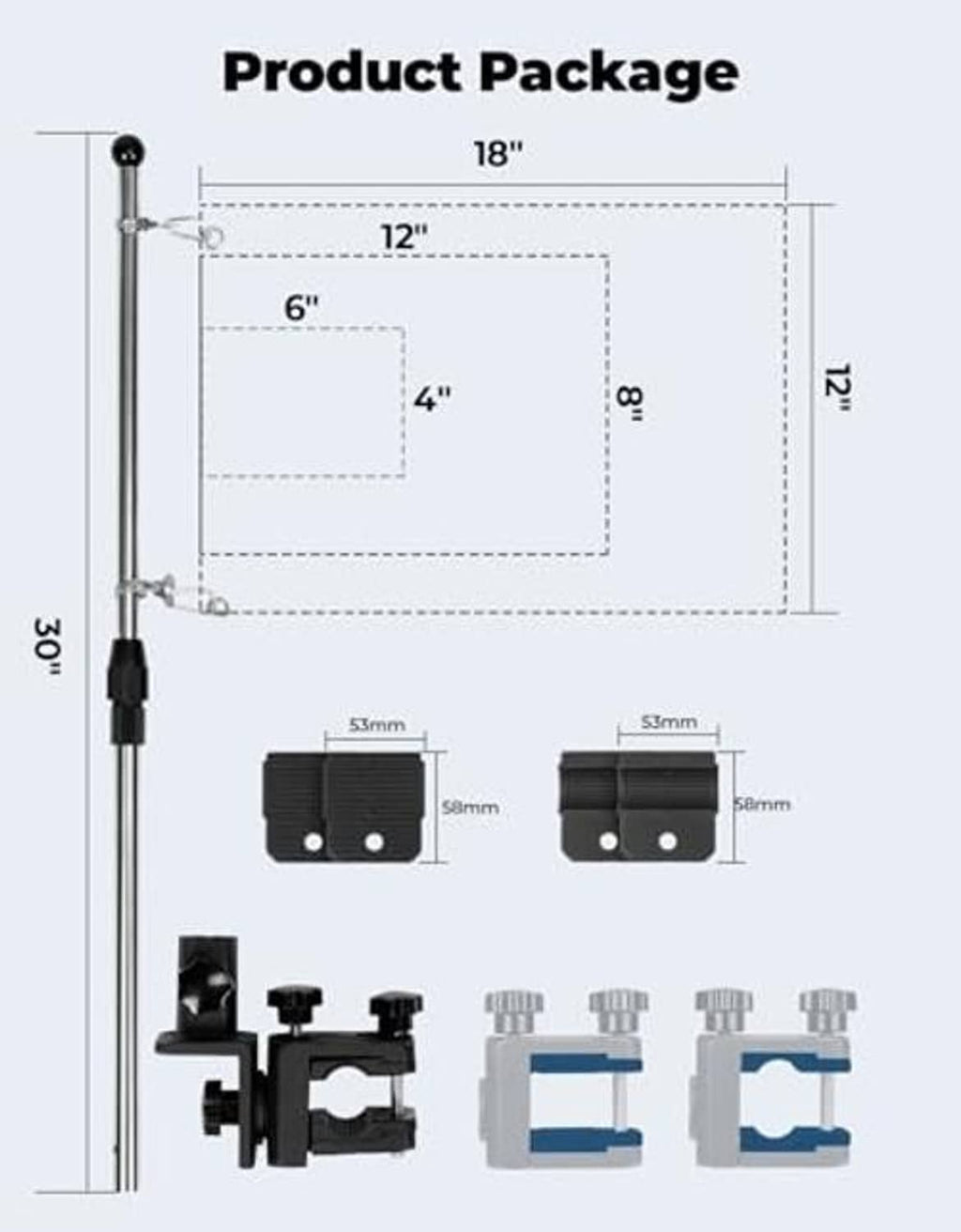 Flag pole mounting kit with clamp parts and stainless pole components