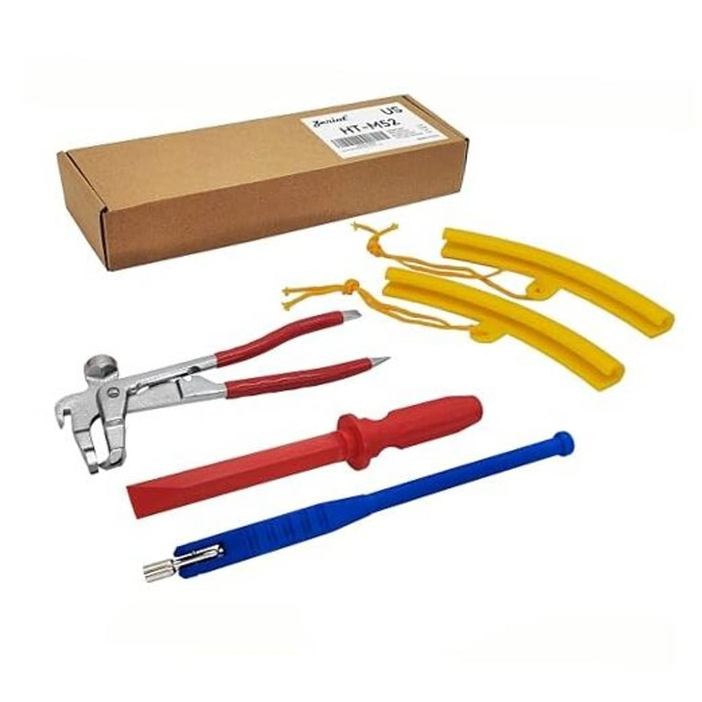 Wheel weight tool set with rim protectors: yellow hooks, red and blue handle tools
