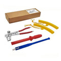 Wheel weight tool set with rim protectors: yellow hooks, red and blue handle tools