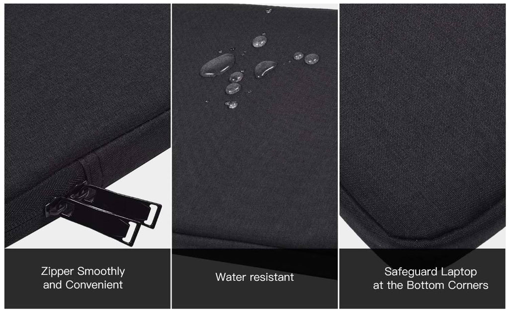 Black tablet sleeve with smooth zipper, water-resistant fabric, and reinforced bottom corners