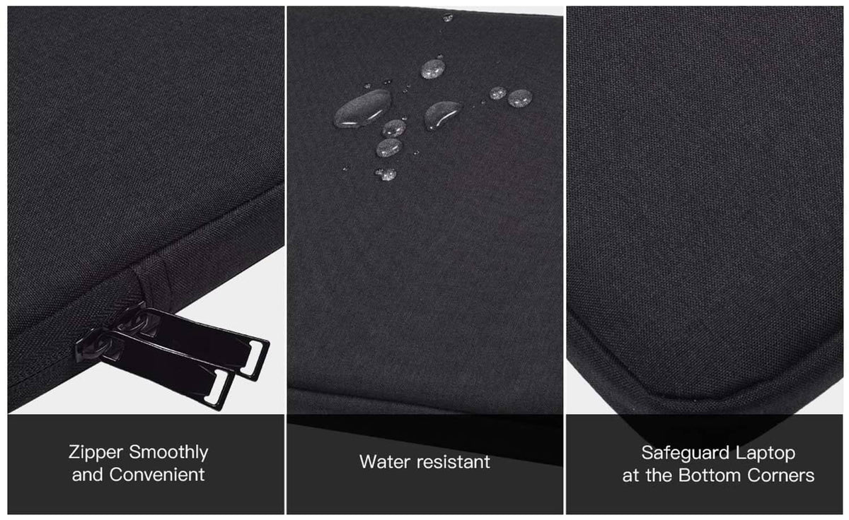 Black tablet sleeve with smooth zipper, water-resistant fabric, and reinforced bottom corners
