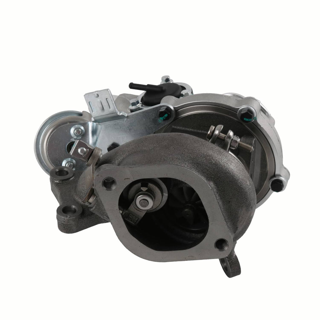 Right-hand turbocharger assembly with turbo inlet flange and silver actuator bracket