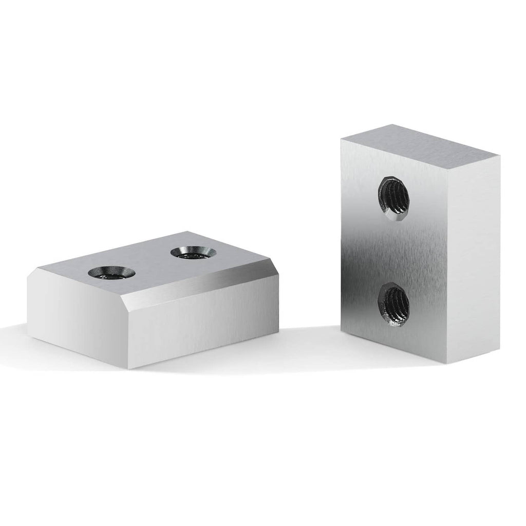 Rebar cutter blade blocks with two threaded holes, pair of metal pieces