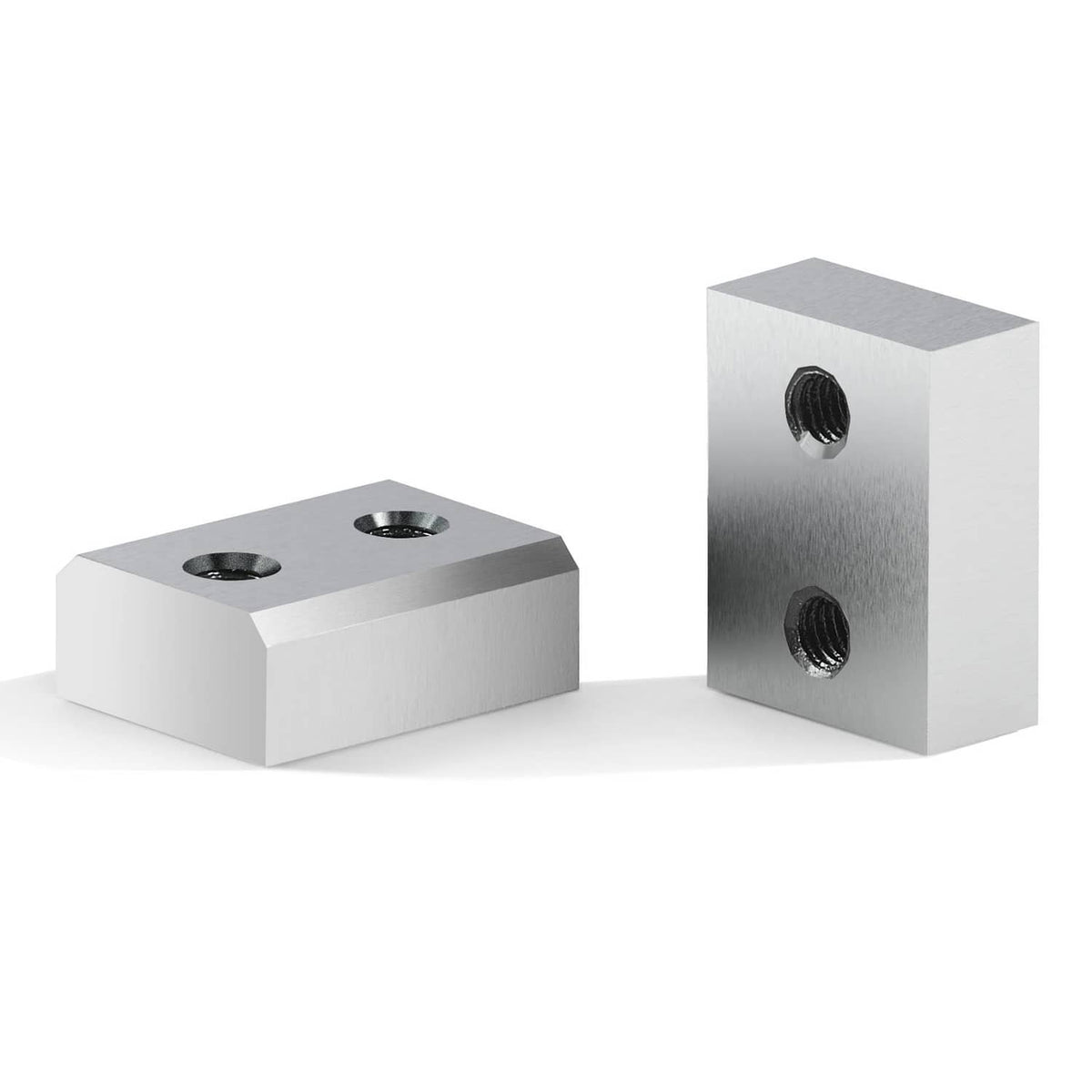 Rebar cutter blade blocks with two threaded holes, pair of metal pieces