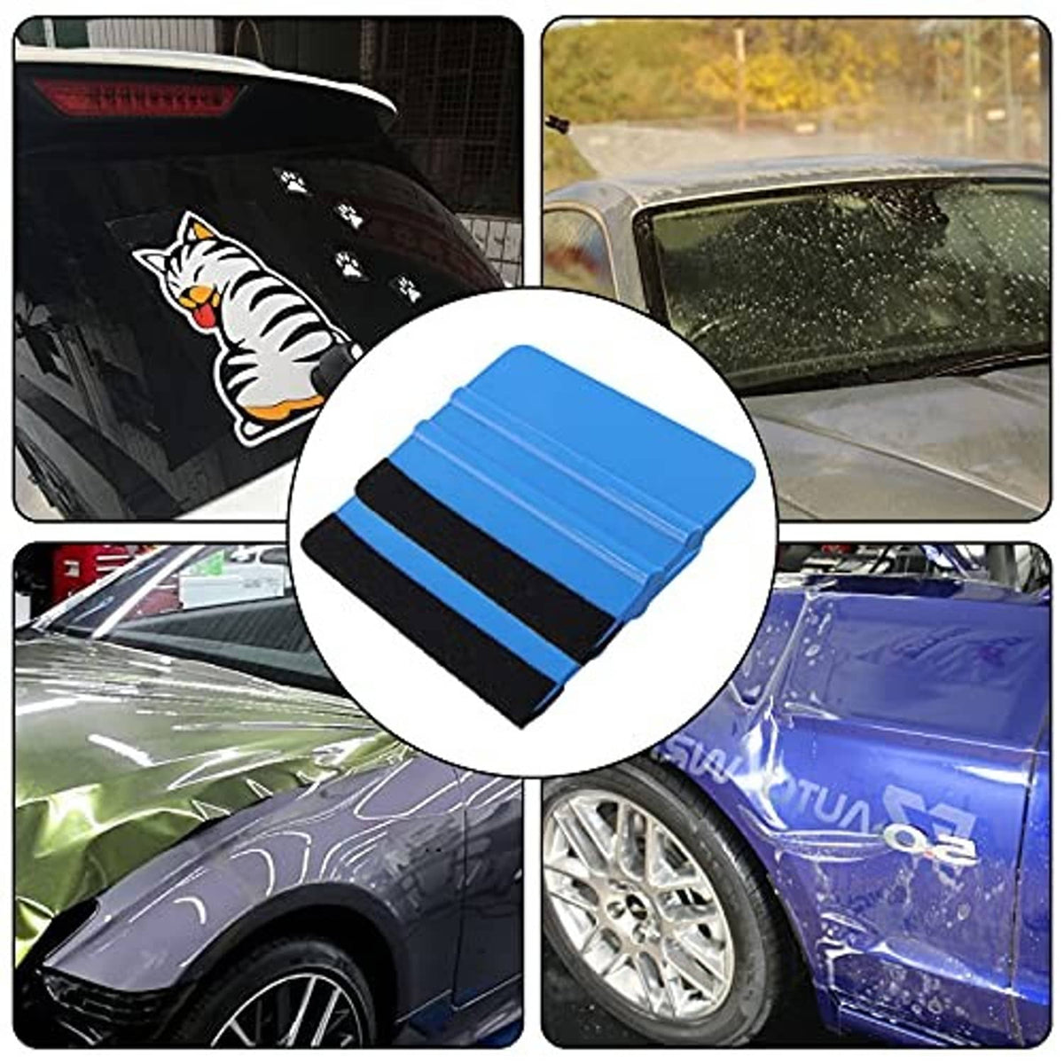 Blue felt-edge vinyl squeegees for smooth decal application on car surfaces