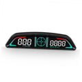 Car HUD speedometer display with black housing, twin teal light arcs, central gauge