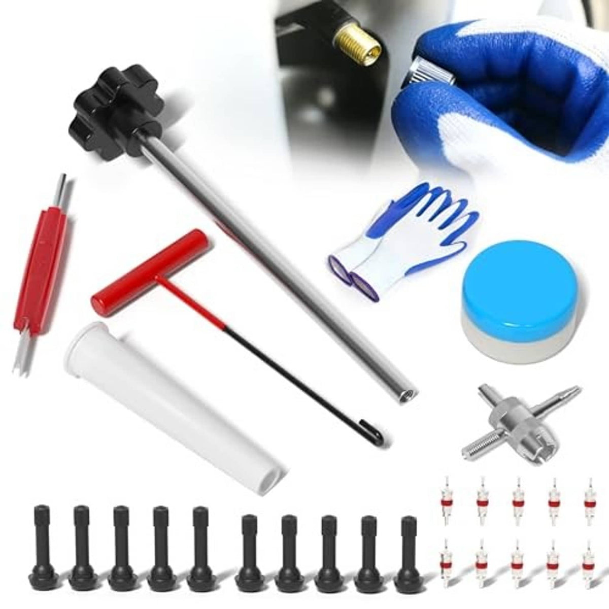Tire valve stem replacement tool kit with valve tools, caps, and blue glove