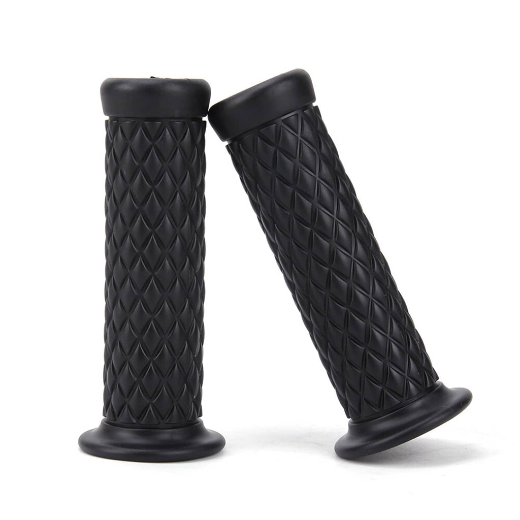 Pair of black motorcycle hand grips with diamond pattern and flared mounting ends