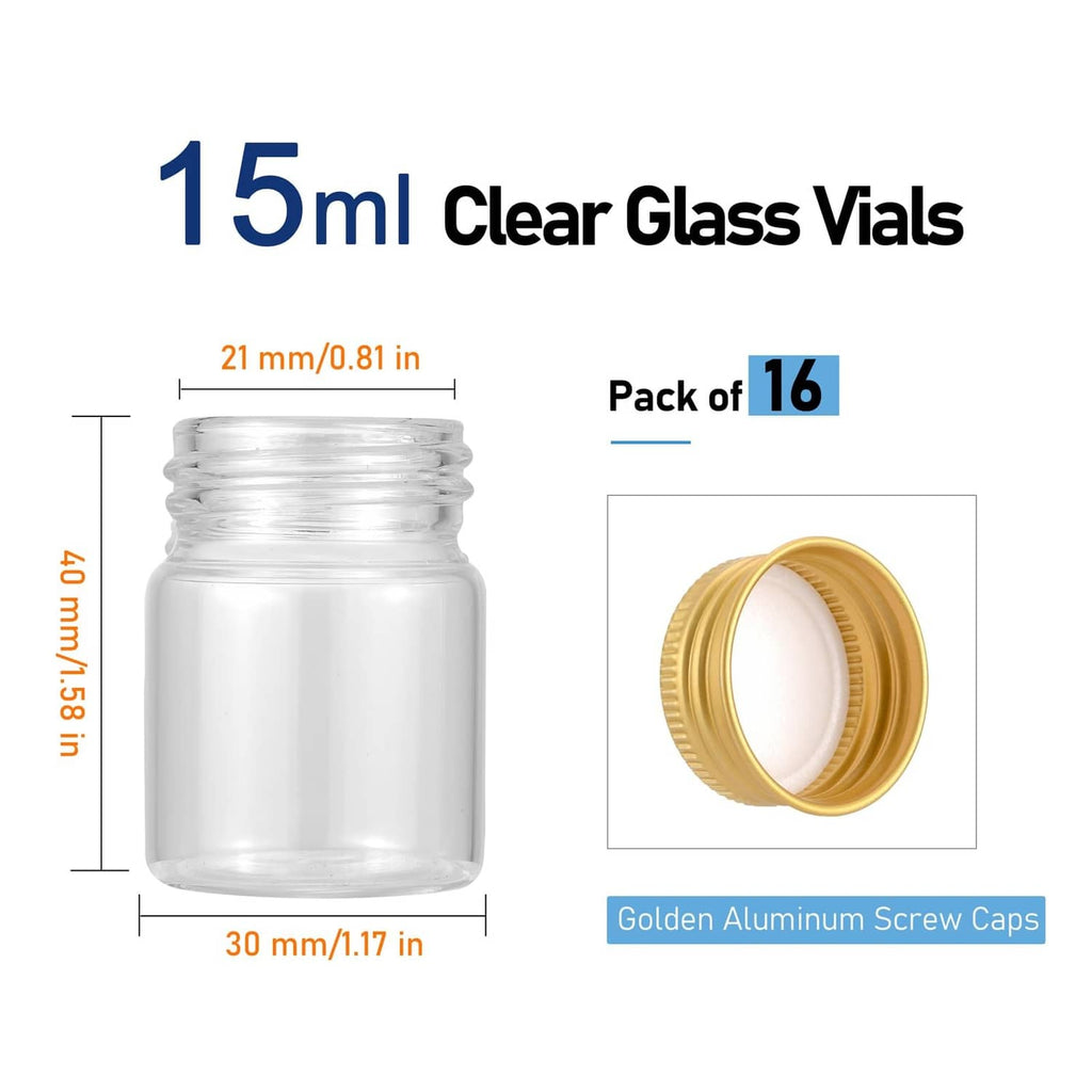 Pack of clear glass sample vials with gold screw caps, empty small jars