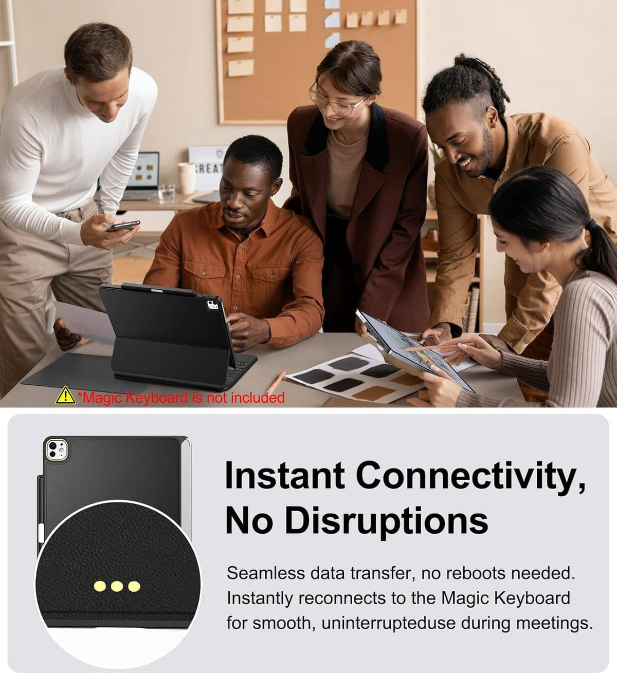 Black iPad tablet case with keyboard-ready magnetic attachment in a meeting setting